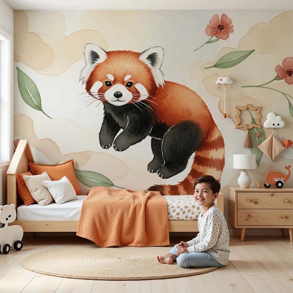 Papel de parede quarto bebê | Panda vermelho brincalhão e flores delicadas