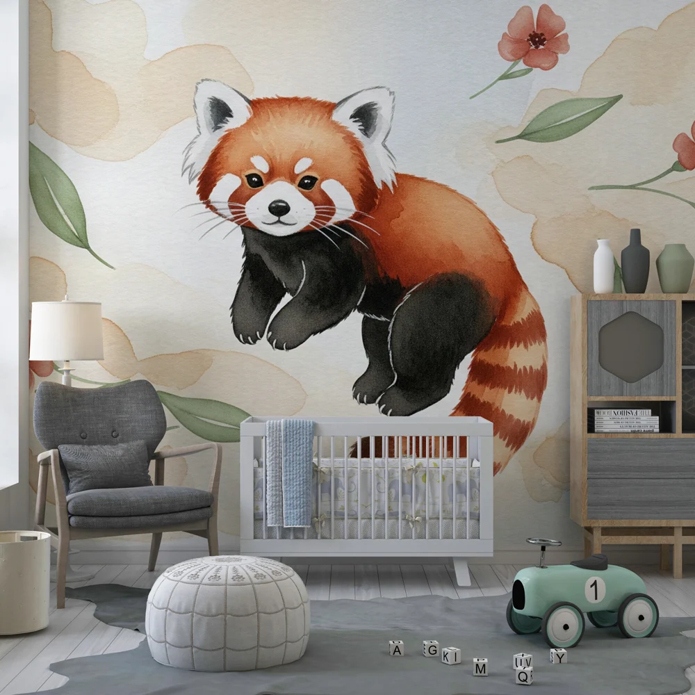 Papel de parede quarto bebê | Panda vermelho brincalhão e flores delicadas