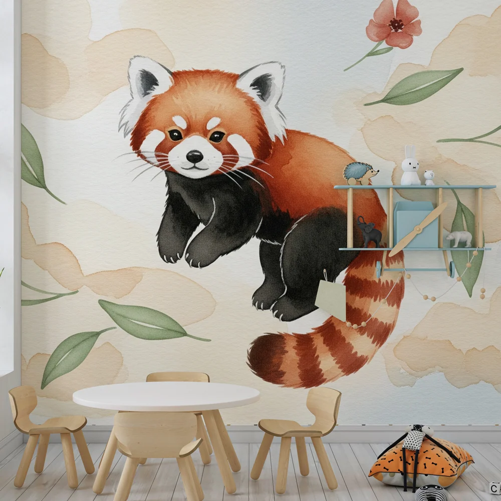 Papel de parede quarto bebê | Panda vermelho brincalhão e flores delicadas