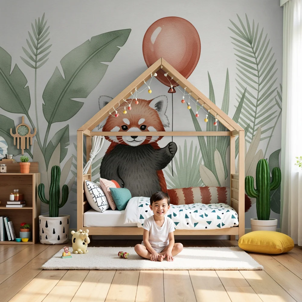Papel de parede quarto bebê | Panda vermelho e rachaduras exóticas