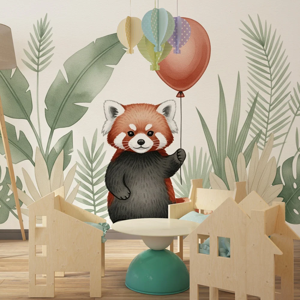 Papel de parede quarto bebê | Panda vermelho e rachaduras exóticas