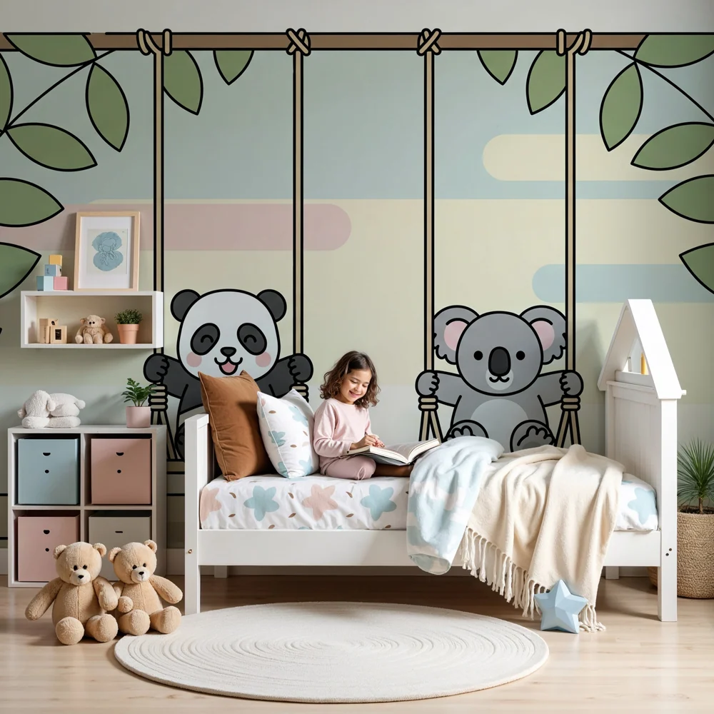 Papel de parede quarto bebê | Pandas e coalas em baloiços