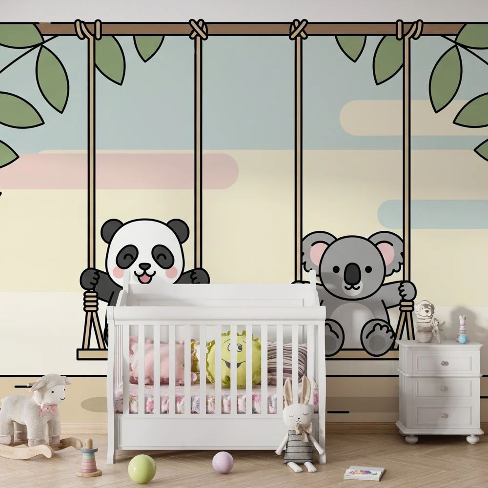 Papel de parede quarto bebê | Pandas e coalas em baloiços