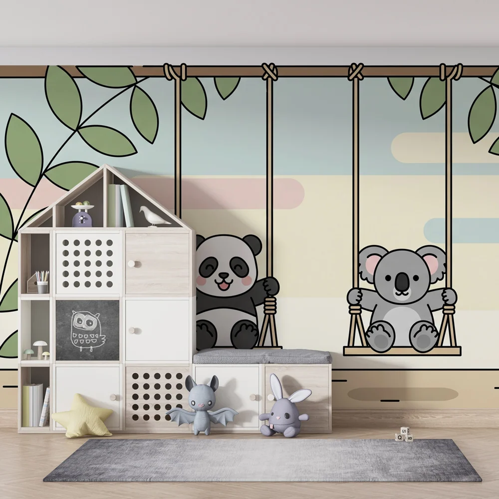 Papel de parede quarto bebê | Pandas e coalas em baloiços