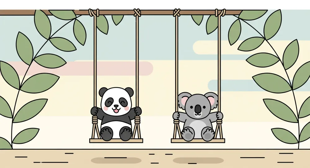 Papel de parede quarto bebê | Pandas e coalas em baloiços