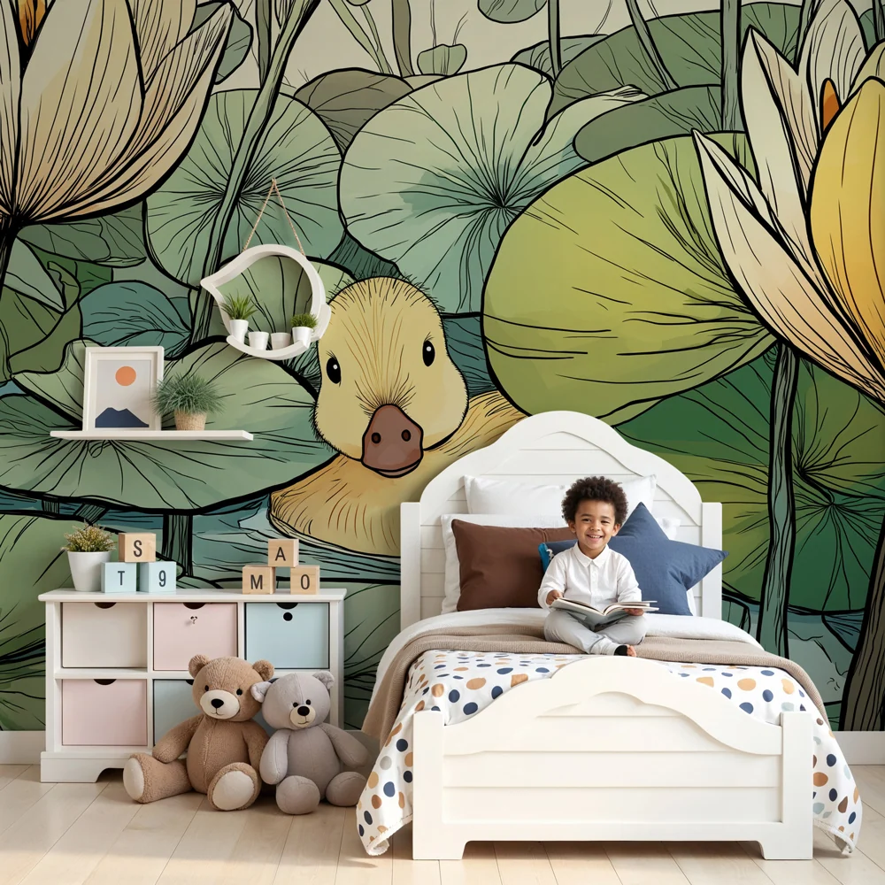 Papel de parede quarto bebê | Pato no meio dos nenúfares