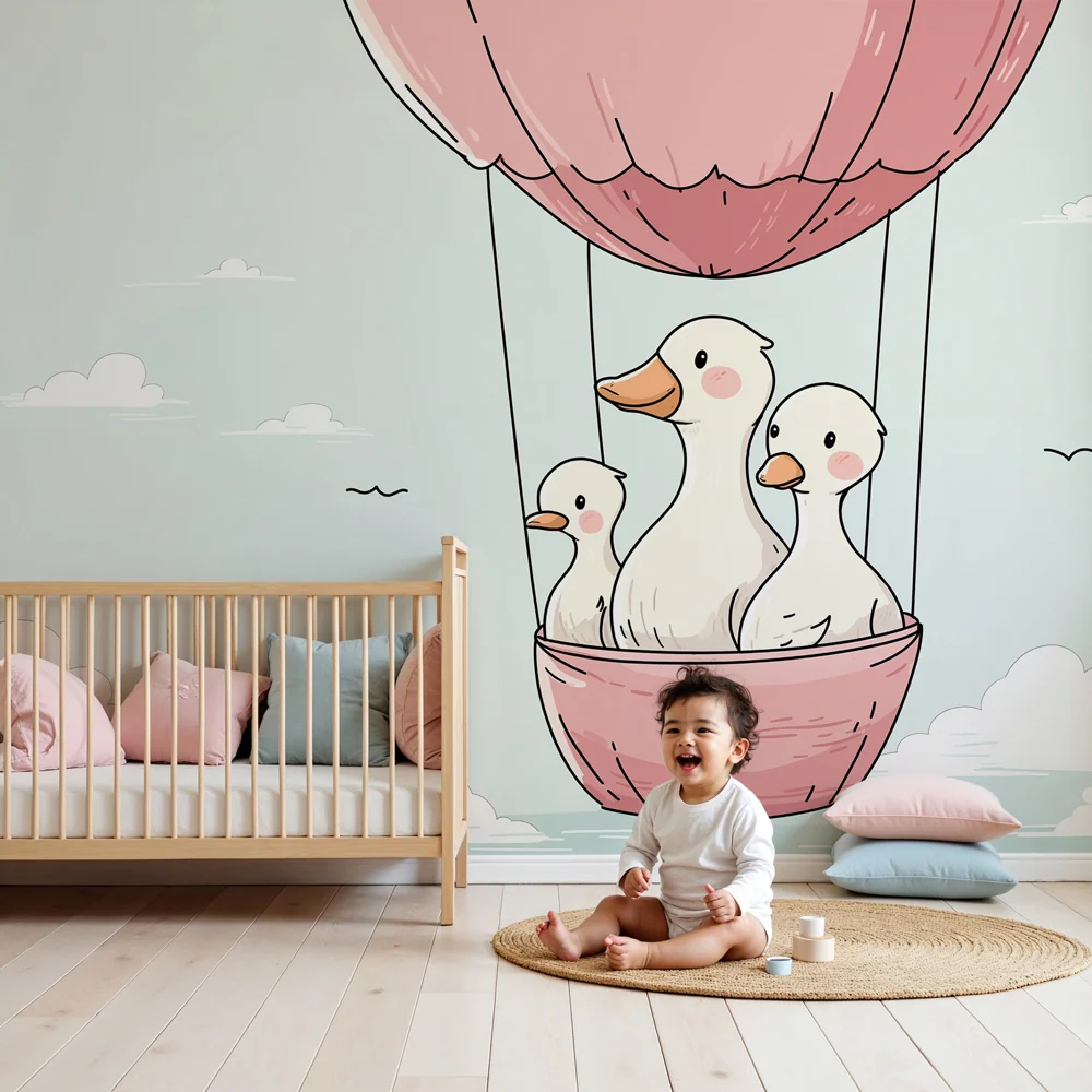 Papel de parede quarto bebê | Patos em balão de ar quente no céu