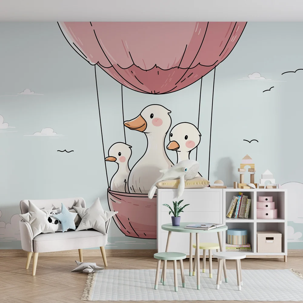 Papel de parede quarto bebê | Patos em balão de ar quente no céu