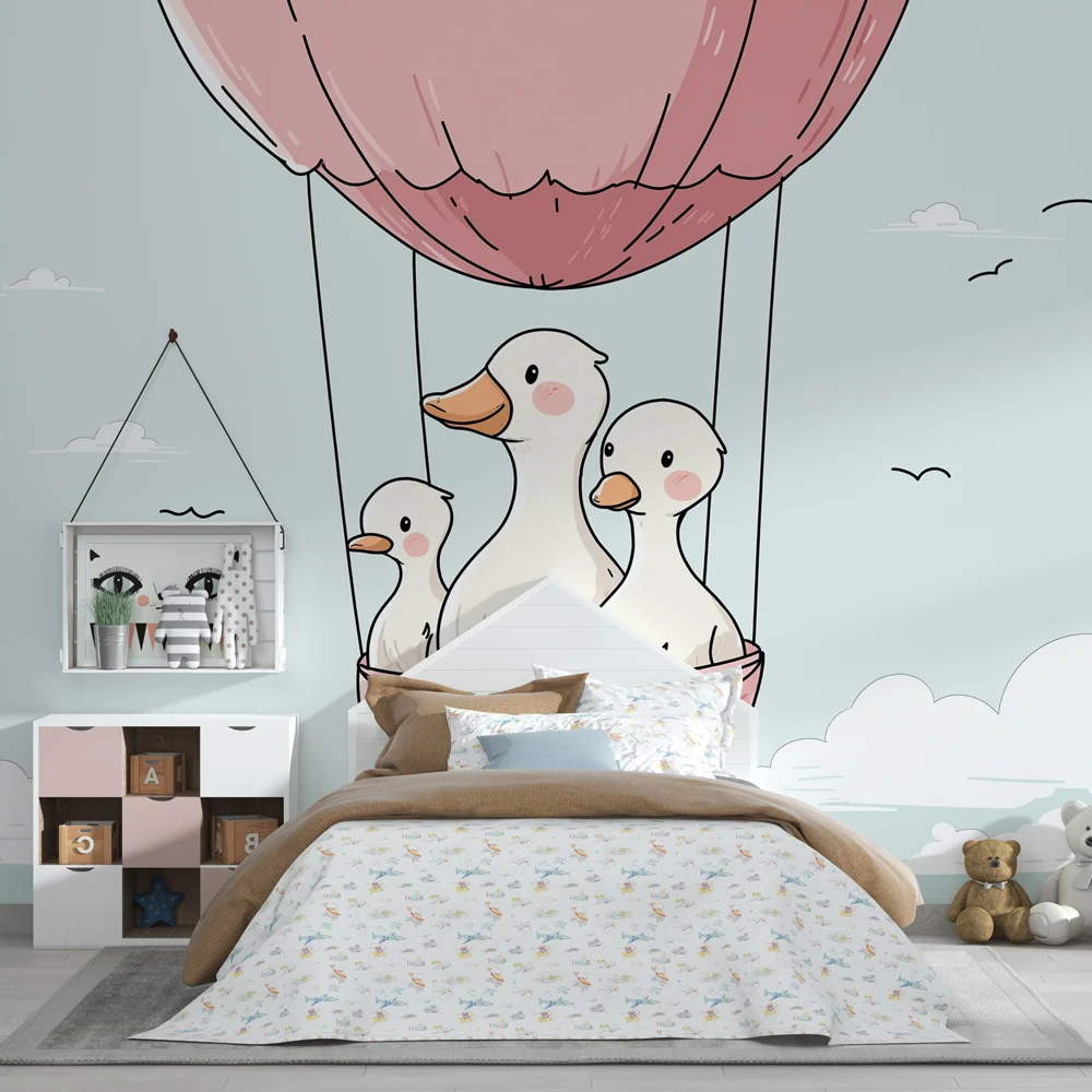 Papel de parede quarto bebê | Patos em balão de ar quente no céu