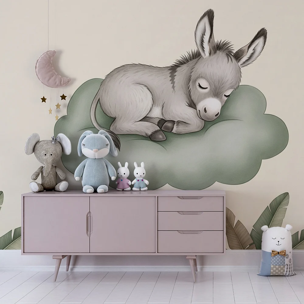 Papel de parede quarto bebê | Pequeno burro dormindo em uma nuvem