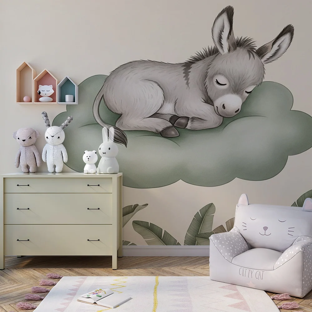 Papel de parede quarto bebê | Pequeno burro dormindo em uma nuvem