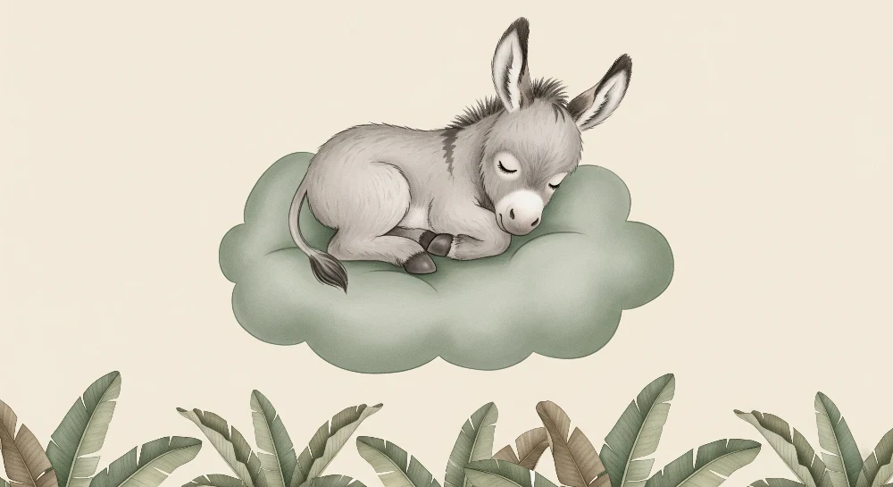 Papel de parede quarto bebê | Pequeno burro dormindo em uma nuvem