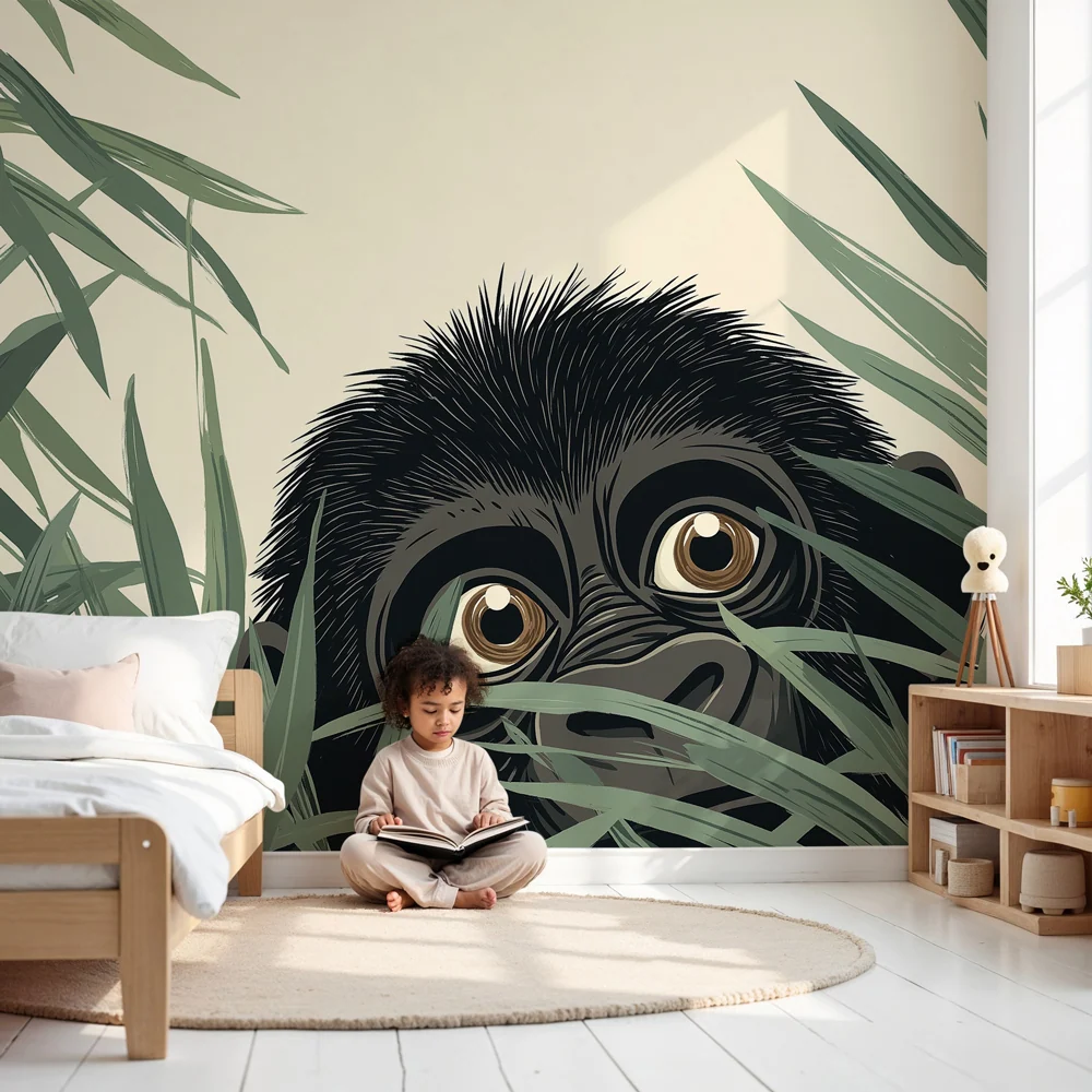 Papel de parede quarto bebê | Pequeno gorila escondido na selva