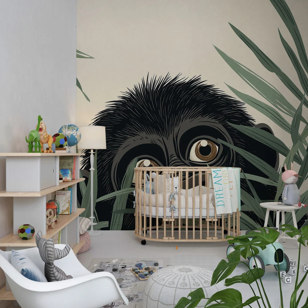 Papel de parede quarto bebê | Pequeno gorila escondido na selva