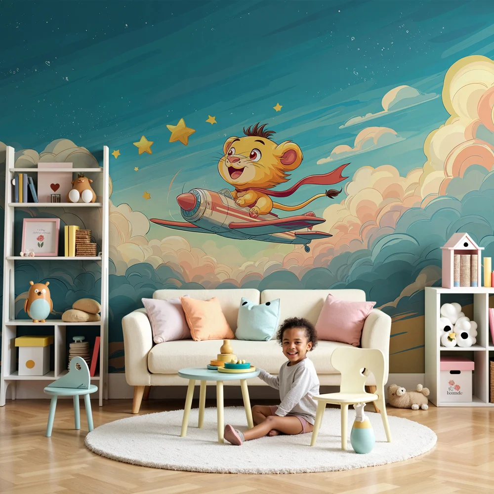Papel de parede quarto bebê | Pequeno leão aventureiro nas nuvens