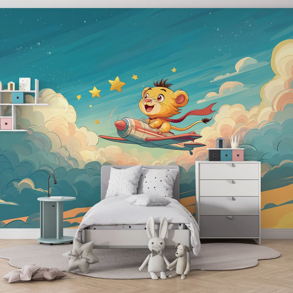 Papel de parede quarto bebê | Pequeno leão aventureiro nas nuvens