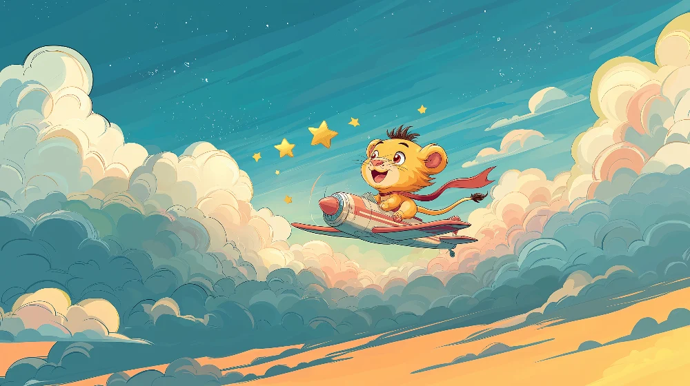 Papel de parede quarto bebê | Pequeno leão aventureiro nas nuvens