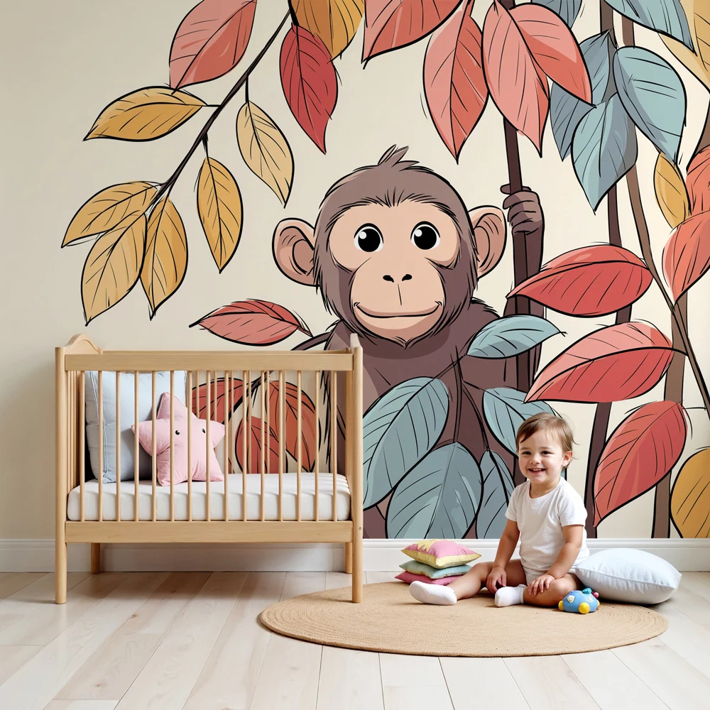 Papel de parede quarto bebê | Pequeno macaco curioso entre as folhas