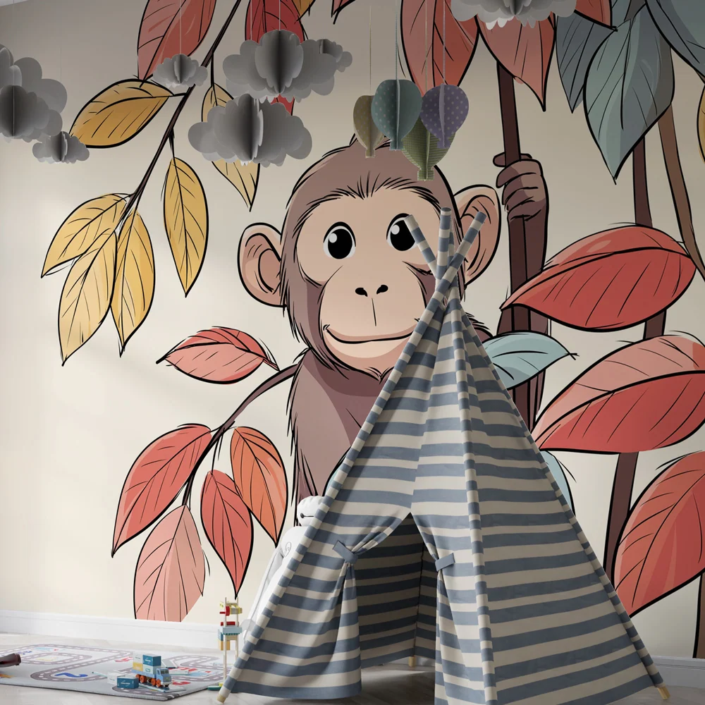 Papel de parede quarto bebê | Pequeno macaco curioso entre as folhas