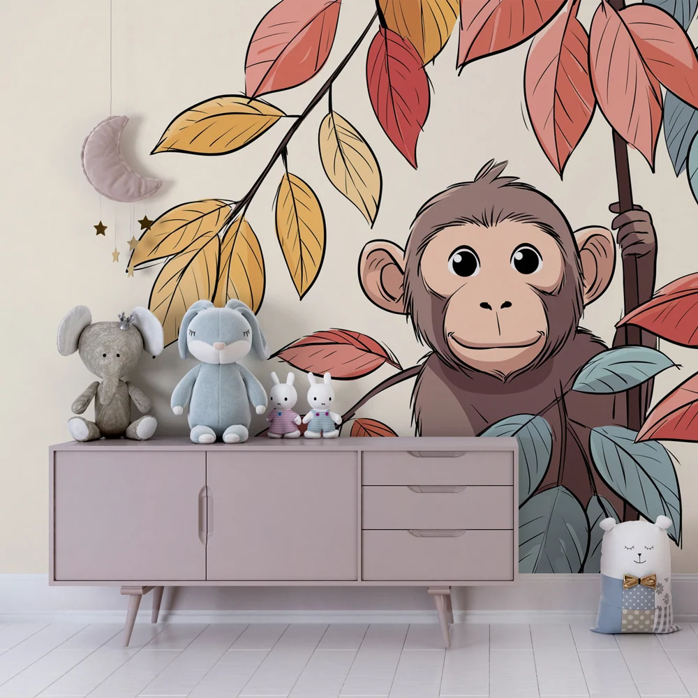 Papel de parede quarto bebê | Pequeno macaco curioso entre as folhas