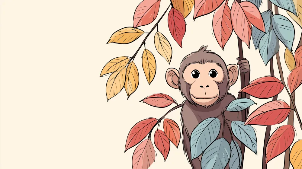 Papel de parede quarto bebê | Pequeno macaco curioso entre as folhas