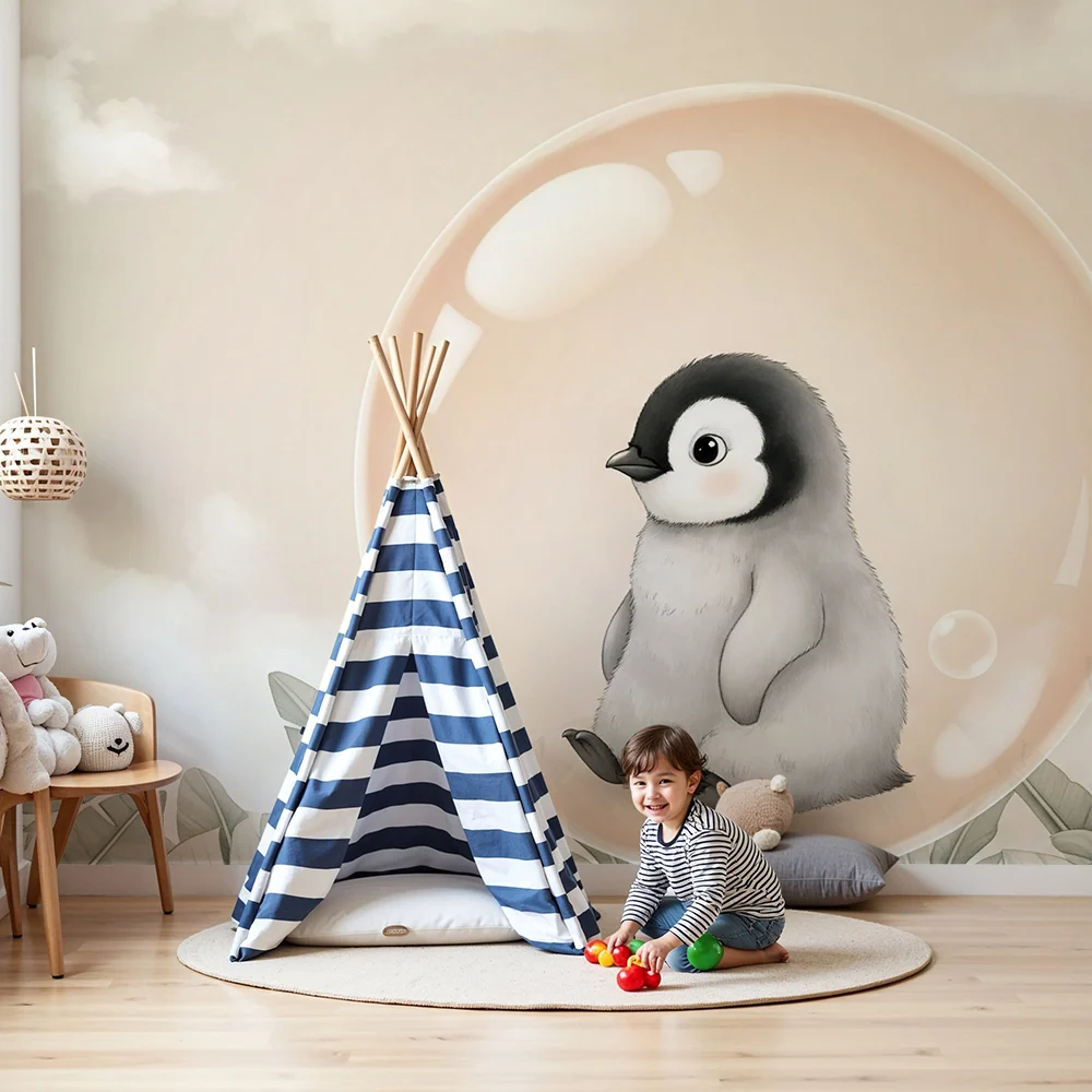 Papel de parede quarto bebê | Pequeno pinguim em uma bolha