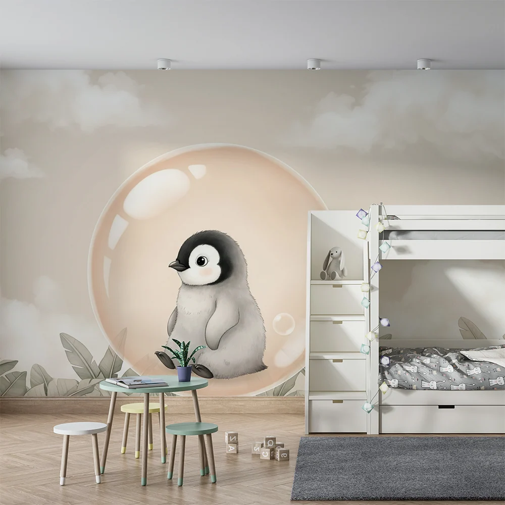 Papel de parede quarto bebê | Pequeno pinguim em uma bolha