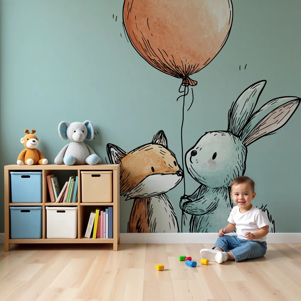 Papel de parede quarto bebê | Pequeno raposa e coelho com um balão