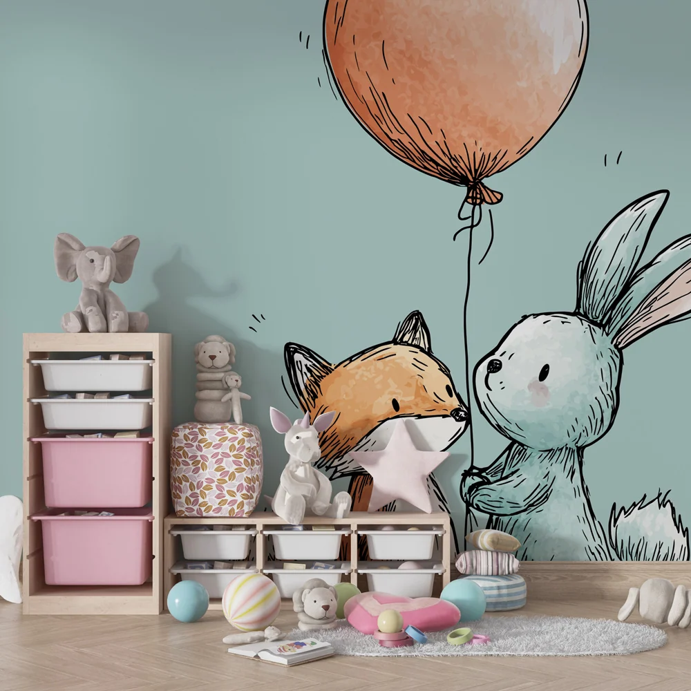 Papel de parede quarto bebê | Pequeno raposa e coelho com um balão