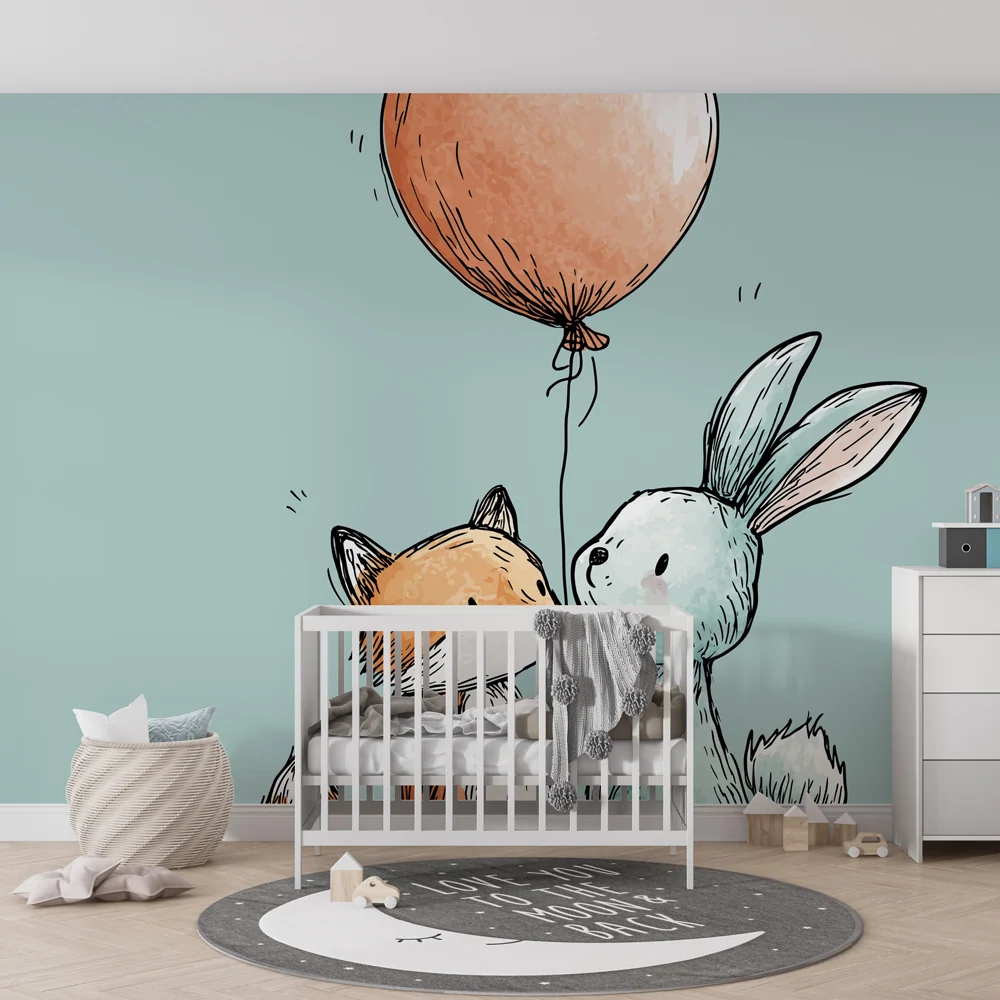 Papel de parede quarto bebê | Pequeno raposa e coelho com um balão