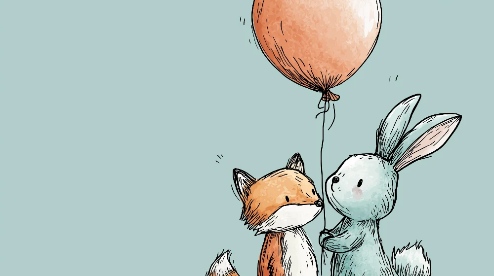 Papel de parede quarto bebê | Pequeno raposa e coelho com um balão