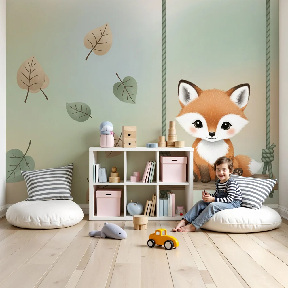 Papel de parede quarto bebê | Pequeno raposinha em um balanço