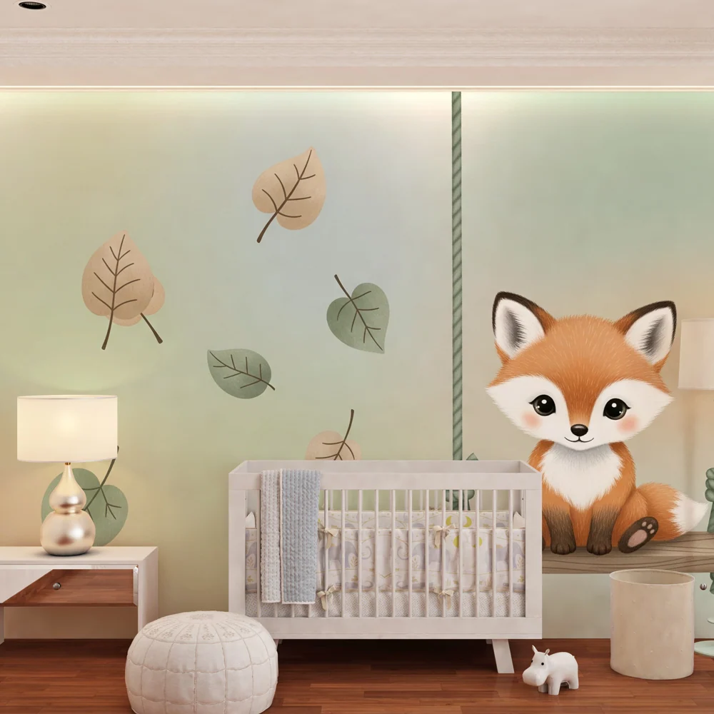 Papel de parede quarto bebê | Pequeno raposinha em um balanço