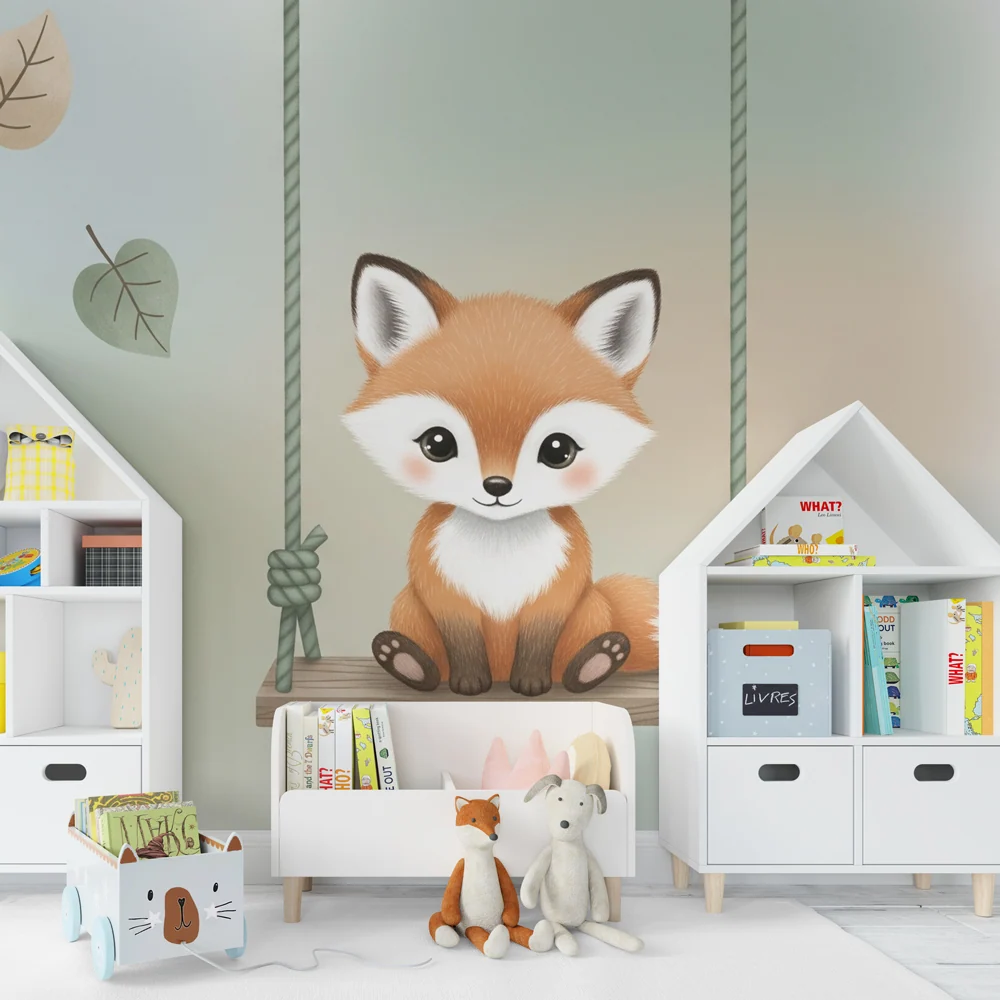 Papel de parede quarto bebê | Pequeno raposinha em um balanço