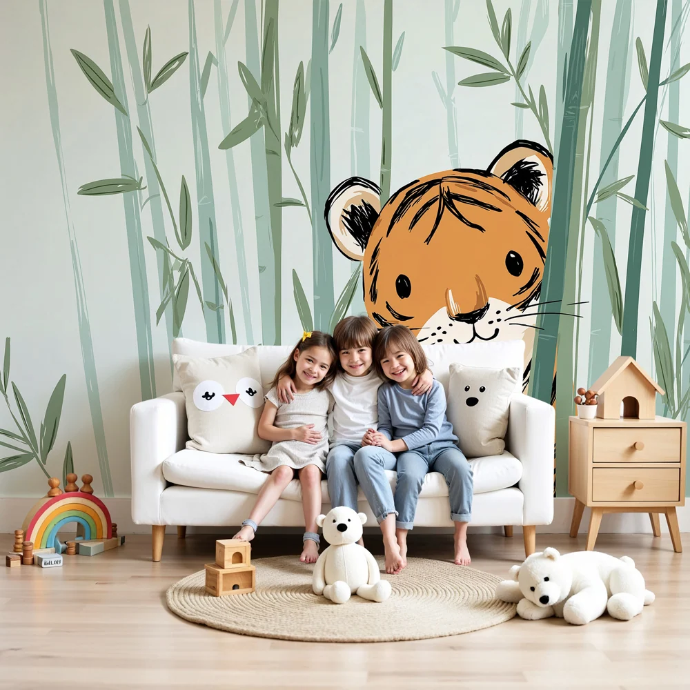 Papel de parede quarto bebê | Pequeno tigre brincar no bambu