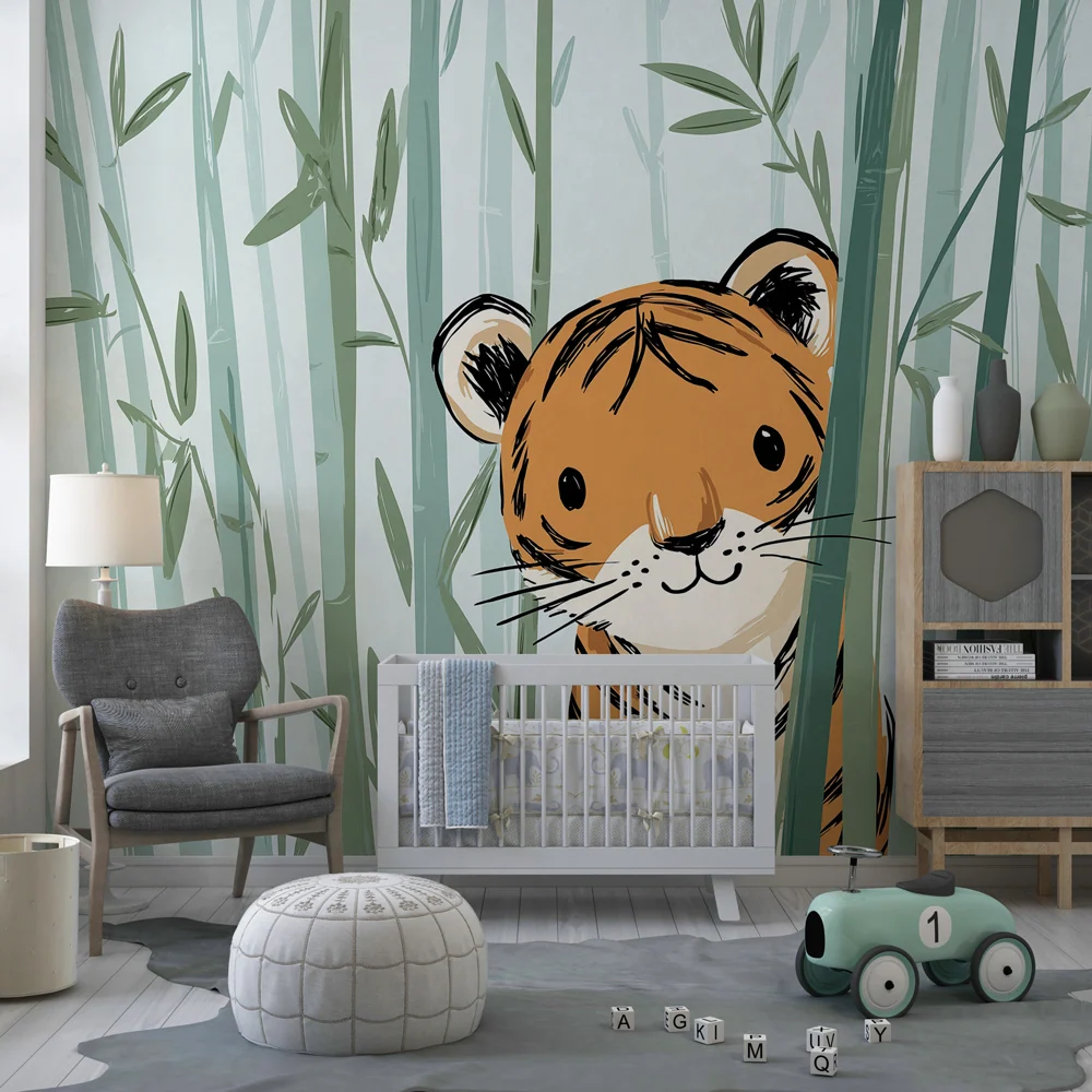 Papel de parede quarto bebê | Pequeno tigre brincar no bambu