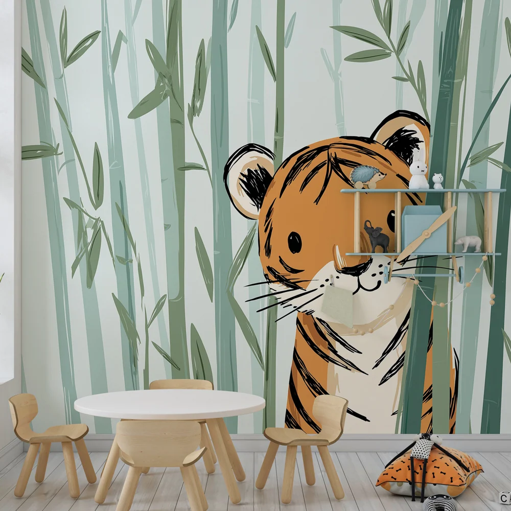 Papel de parede quarto bebê | Pequeno tigre brincar no bambu