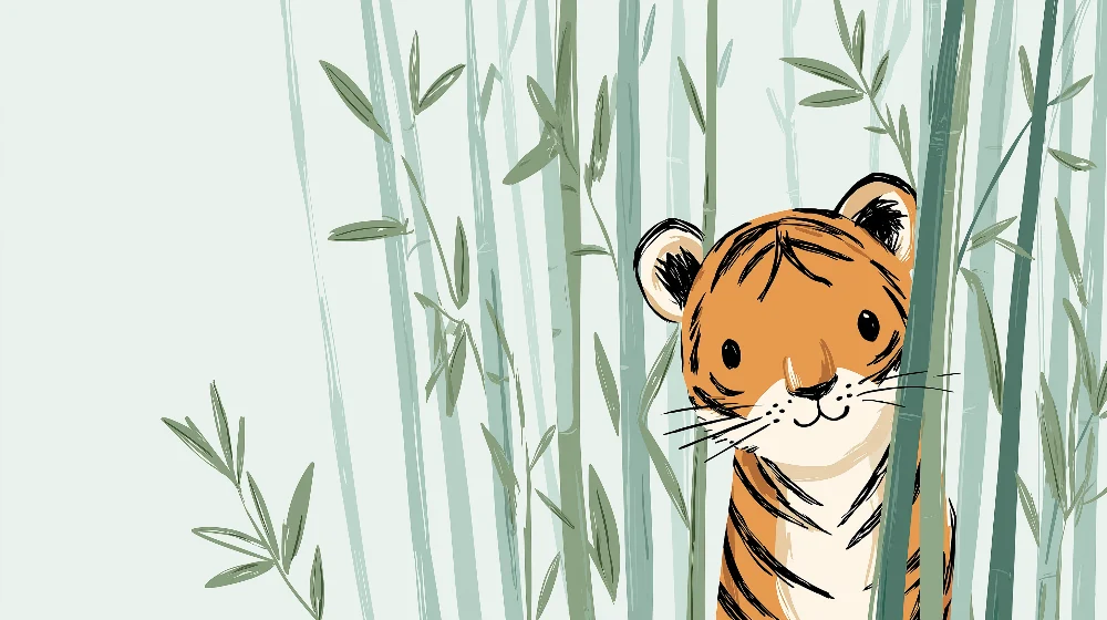 Papel de parede quarto bebê | Pequeno tigre brincar no bambu