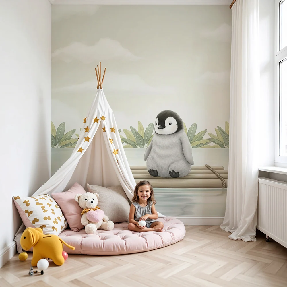 Papel de parede quarto bebê | Pinguim fofo em uma jangada