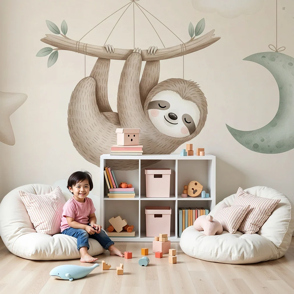 Papel de parede quarto bebê | Preguiç pendurada e céu estrelado