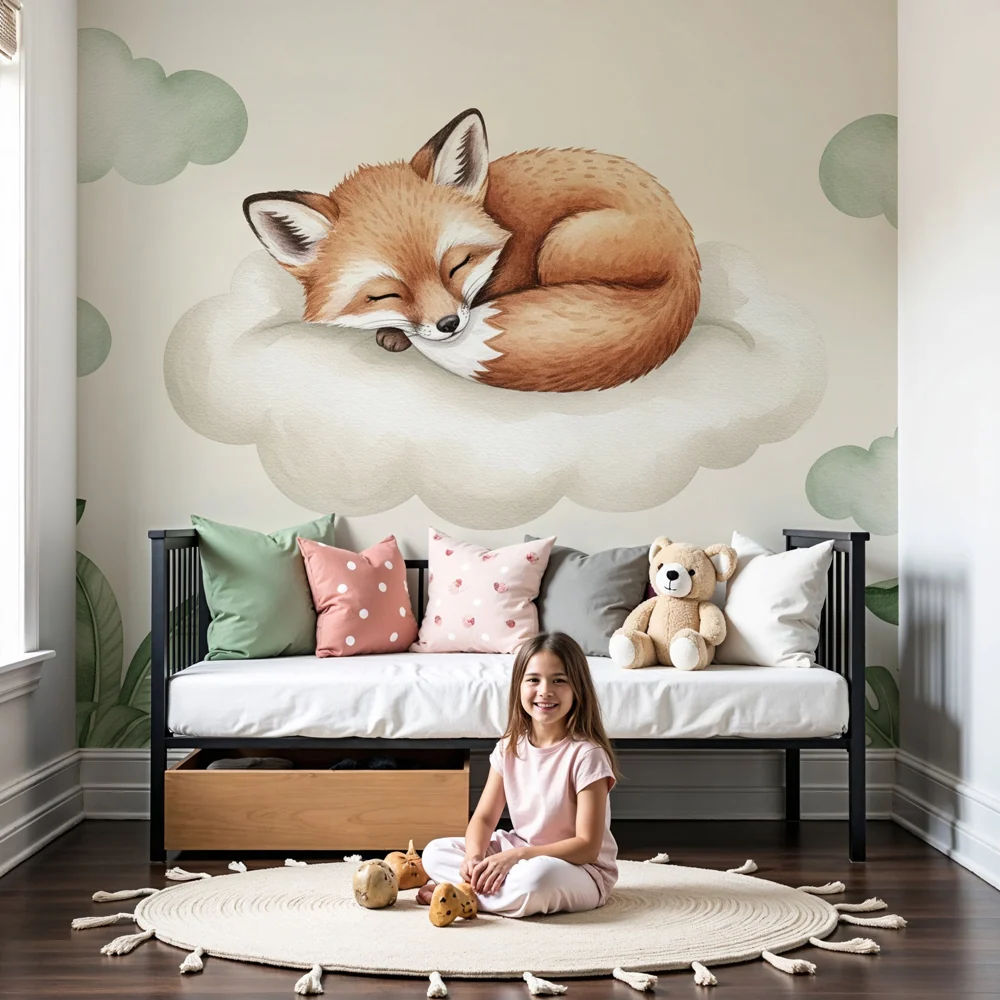 Papel de parede quarto bebê | Raposa adormecida em uma nuvem