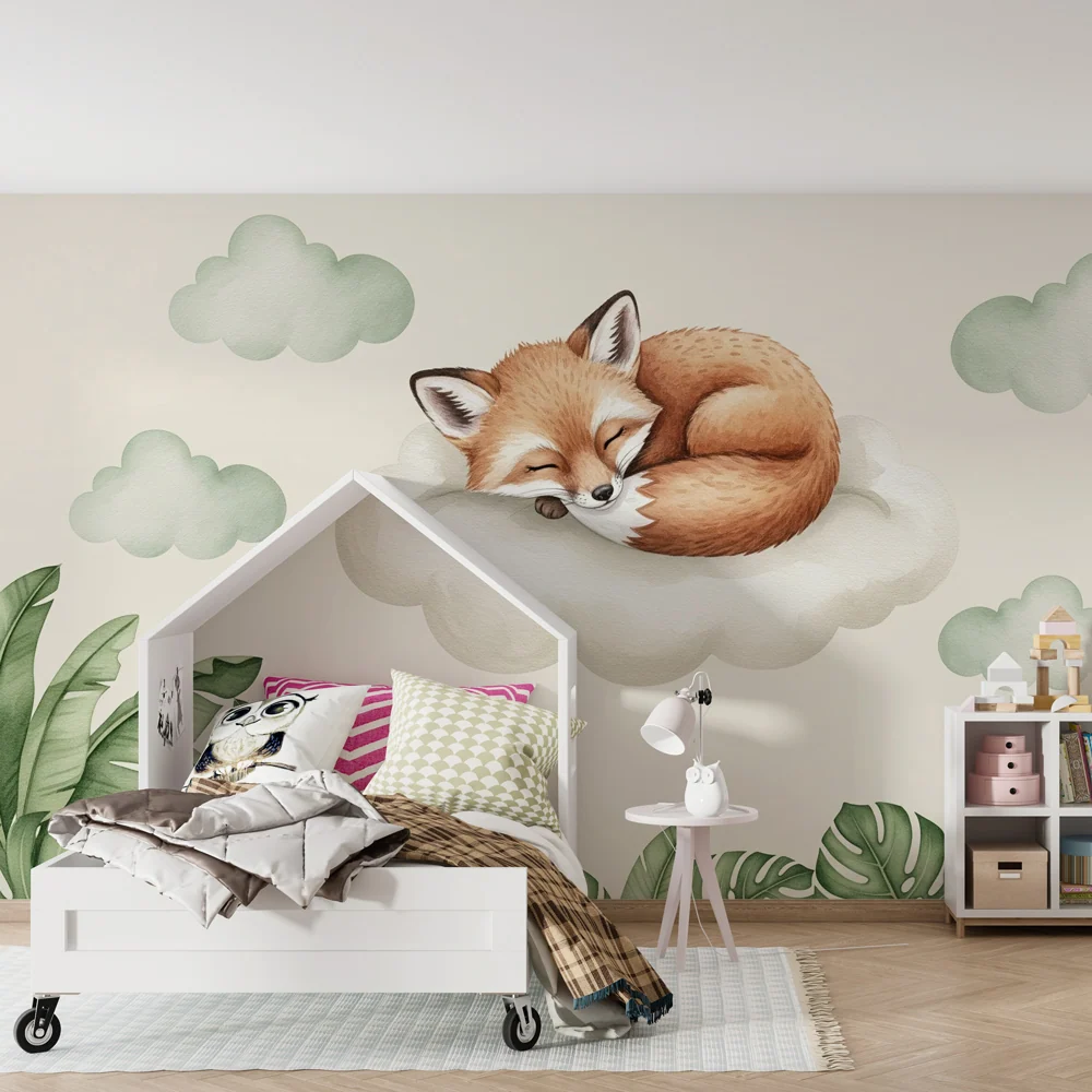 Papel de parede quarto bebê | Raposa adormecida em uma nuvem