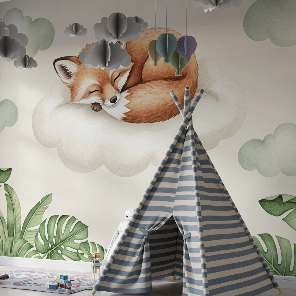 Papel de parede quarto bebê | Raposa adormecida em uma nuvem