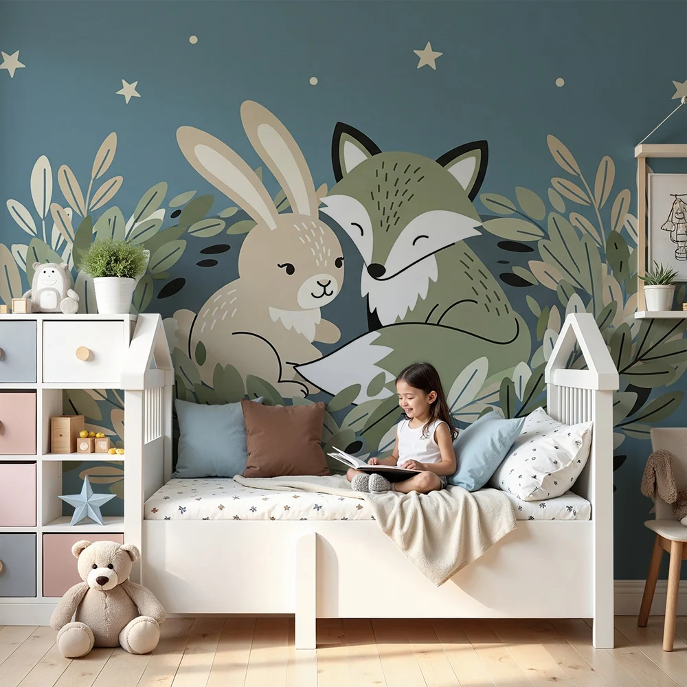 Papel de parede quarto bebê | Raposa e coelho sob as estrelas