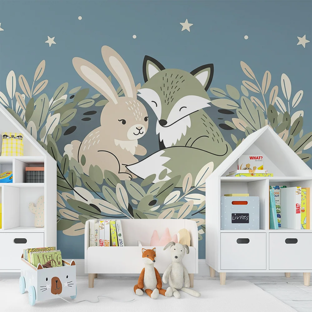 Papel de parede quarto bebê | Raposa e coelho sob as estrelas