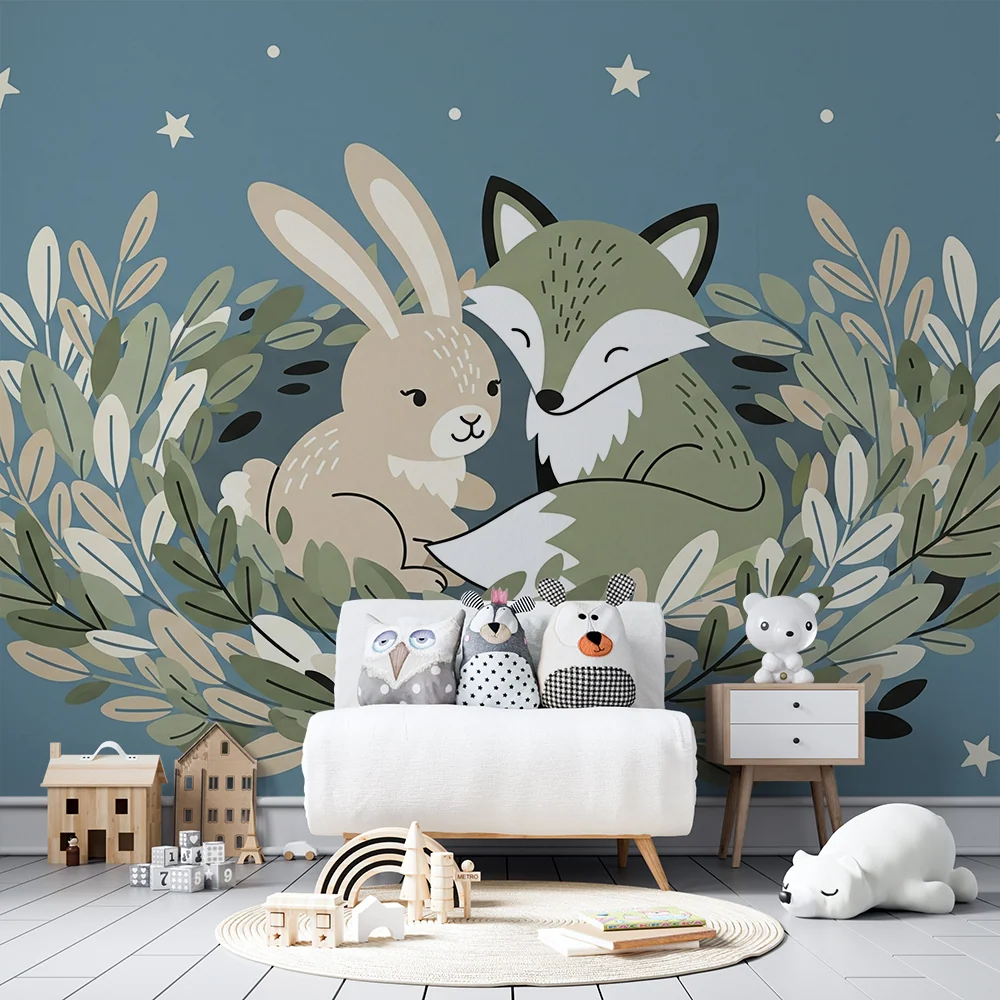 Papel de parede quarto bebê | Raposa e coelho sob as estrelas