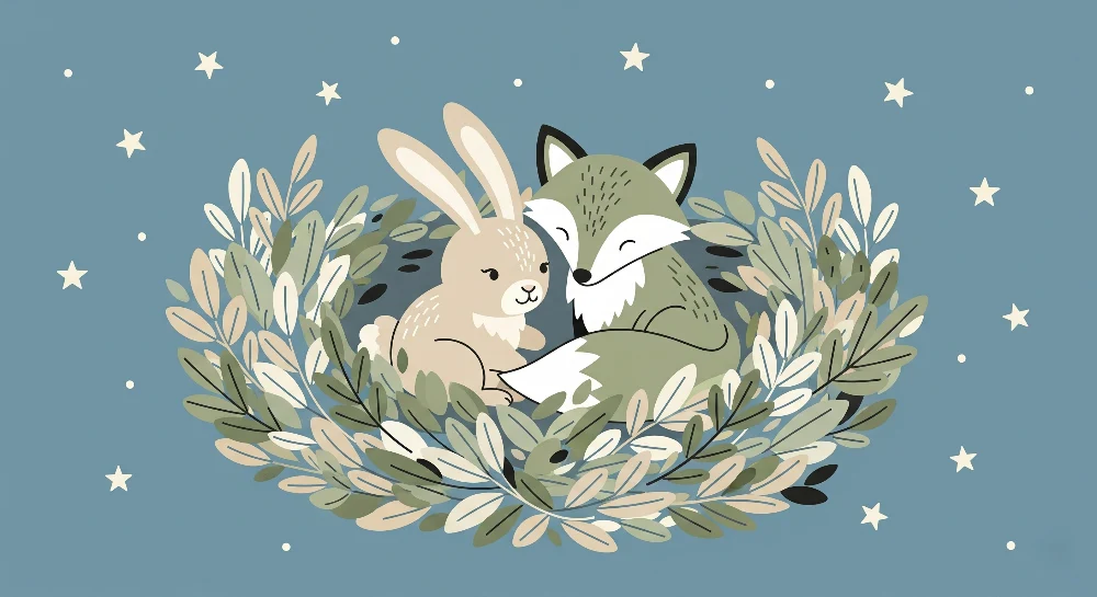 Papel de parede quarto bebê | Raposa e coelho sob as estrelas