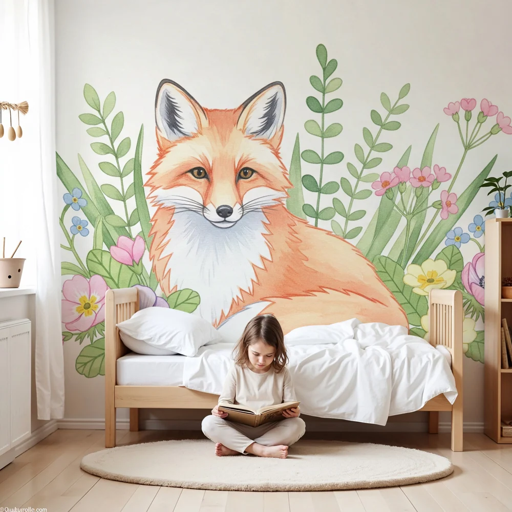 Papel de parede quarto bebê | Raposa encantadora e flores coloridas