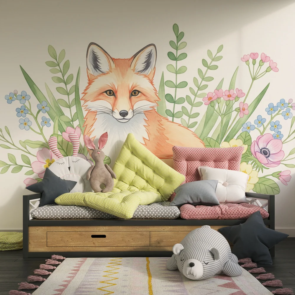 Papel de parede quarto bebê | Raposa encantadora e flores coloridas