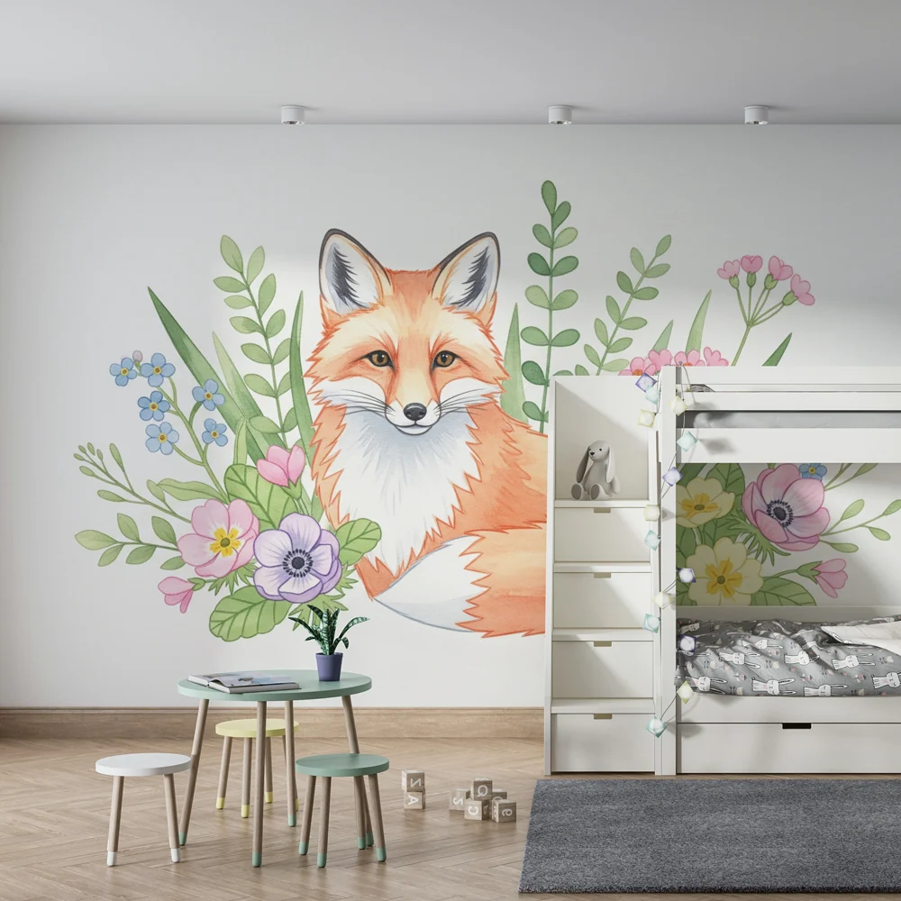 Papel de parede quarto bebê | Raposa encantadora e flores coloridas